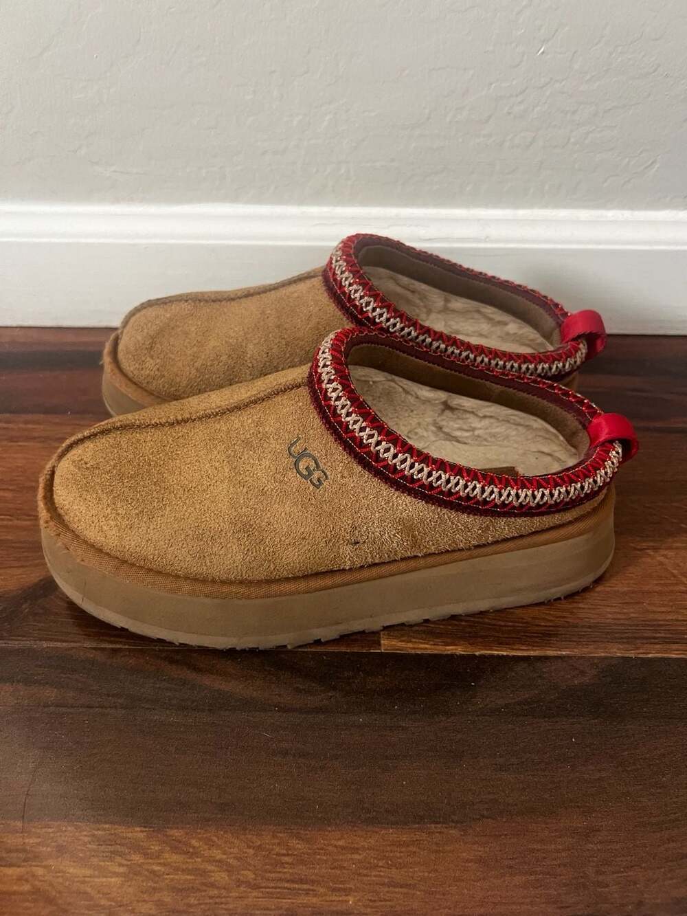 UGG Tazz Platform Slip-On Suede Slippers with Red Braided Trim, Size 7